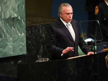 O presidente Michel Temer discursa na ONU.