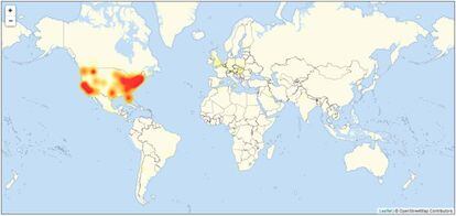 Mapa com os pontos do planeta com problemas de acesso, segundo o site especializado Downdetector.