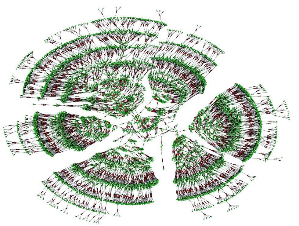 Visualização computadorizada de uma das árvores genealógicas de 6.000 pessoas, que abarca sete gerações. Os pontos verdes são indivíduos e os vermelhos são casais.