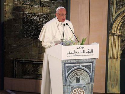 O papa Francisco durante seu discurso na universidade Al-Azhar, no Cairo, na sexta-feira.