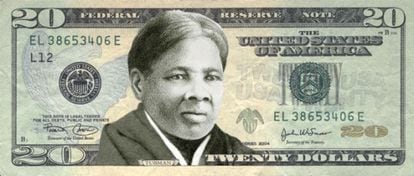Montagem de uma nota de 20 dólares com o rosto de Harriet Tubman.