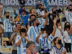 Fans of Argentina cheer on the stands before the start of the Conmebol 2021 Copa America football tournament final match against Brazil at Maracana Stadium in Rio de Janeiro, Brazil, on July 10, 2021. (Photo by Nelson ALMEIDA / AFP)
