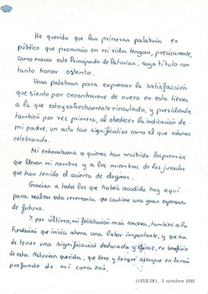 Manuscrito do primeiro discurso de Felipe VI nos Prêmios Príncipe das Astúrias.
