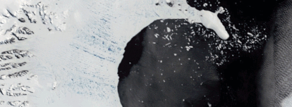 Série de fotos de satélite que mostram o colapso da barreira de gelo Larsen C entre junho e abril de 2002