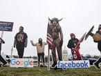 An art installation protest by the organization Sumofus portrays Google CEO Sundar Pichai, Twitter CEO Jack Dorsey and Facebook CEO Mark Zuckerberg as January 6th rioters on the National Mall near the U.S. Capitol in Washington, U.S. March 25, 2021.  REUTERS/Jonathan Ernst