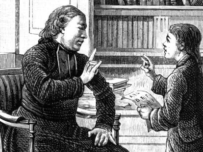 O abade Charles Michel de l’Épée ensina linguagem de gestos a um surdo-mudo.