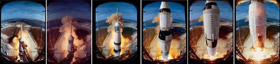 Sequência do lançamento do Apollo XI em Cabo Canaveral (antigo Cabo Kennedy), Flórida, em 16 de julho de 1969.