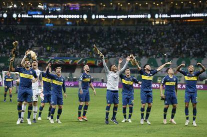 Jogadores do Boca festejam a passagem para a final da Libertadores na vitória contra o Palmeiras, no Allianz Parque.
