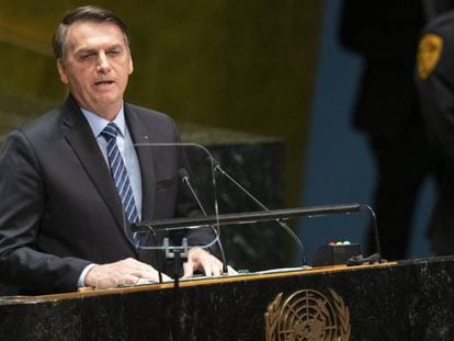 O presidente Jair Bolsonaro discursa na cerimônia de abertura da Assembleia Geral da ONU, em Nova York, nesta terça-feira.