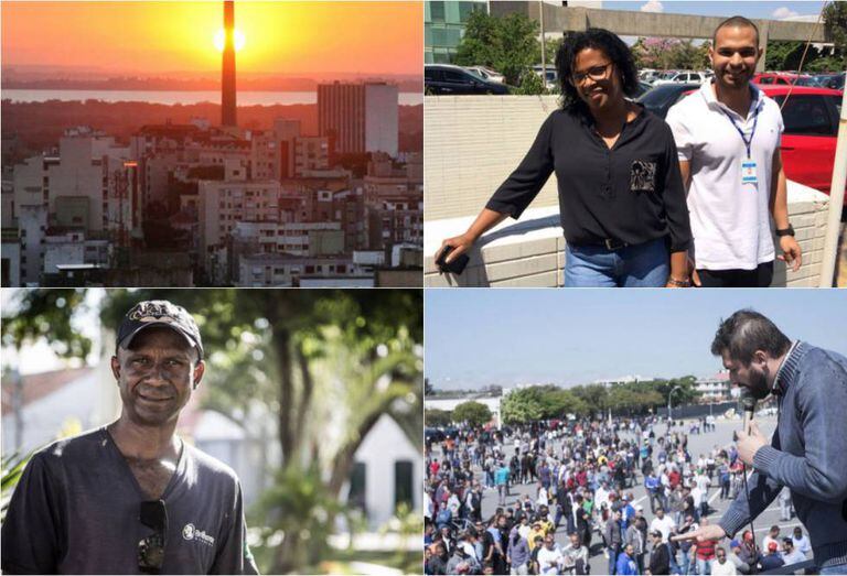 Em sentido horário, panorâmica de Porto Alegre, servidores em Brasília, eleitor no Ceará e assembleia com trabalhadores da Mercedes.