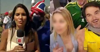 À esquerda, torcedor islandês constrange repórter. Ao lado, brasileiros ridicularizam mulher na Rússia.