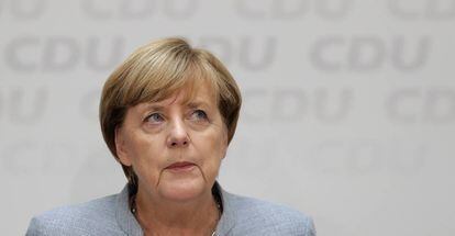 A chanceler Angela Merkel, em uma coletiva de imprensa na segunda-feira em Berlim, após as eleições do dia 24