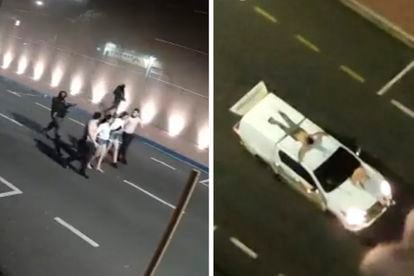 Capturas de vídeo mostram reféns sendo levados por assaltantes em Araçatuba (SP). Vítimas foram amarradas a veículos como 'escudo humano'.