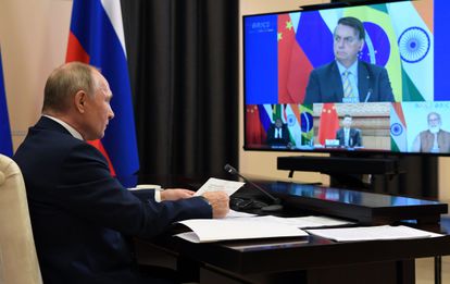 O presidente Vladmir Putin durante cúpula virtual do Brics, em que participou o presidente brasileiro Jair Bolsonaro.