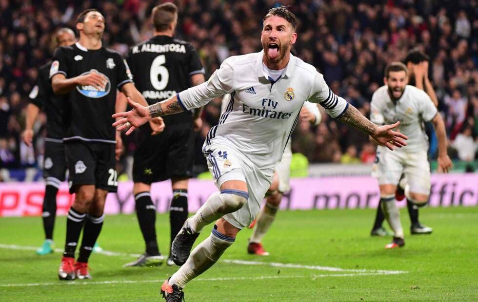 Ramos celebra seu gol contra o Deportivo nos acréscimos.