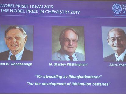 A tela da Academia Sueca amostra aos ganhadores do Nobel de Química.