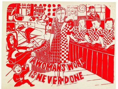 “O trabalho de uma mulher nunca acaba.” Cartaz de 1974 da rede Women’s Workshop.. FOTO: RED WOMEN’S WORKSHOP.