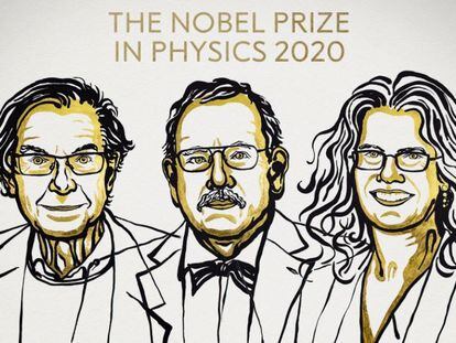 Da esquerda para a direita: Roger Penrose, Reinhard Genzel e Andrea Ghez, ganhadores do Nobel de Física deste ano.