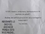 Imagen de la advertencia que recibió el farmacéutico Fernando Gaitán en el elevador de su piso de Buenos Aires.