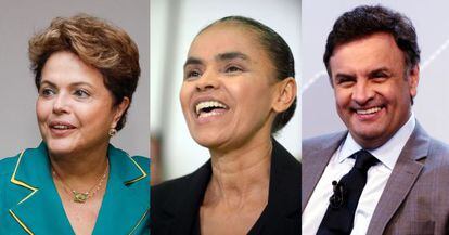 Montagem sobre imagens de Rousseff, Marina e Aécio.