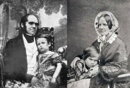 Montagem de uma foto de Charles Darwin e seu primogênito William, com sua mulher, Emma, abraçando Leonard.