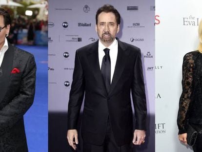 De esquerda a direita, os atores Johnny Depp, Nicolas Cage e Pamela Anderson