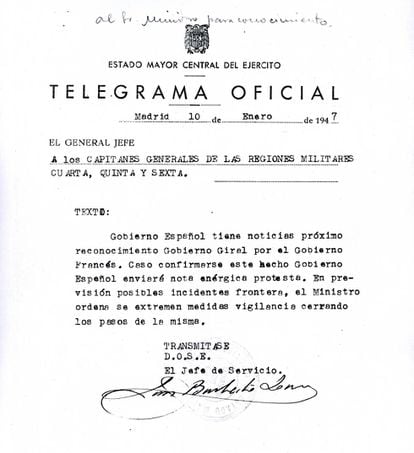 Telegrama de janeiro de 1947 que alerta sobre o possível reconhecimento do Governo republicano espanhol por parte da França.