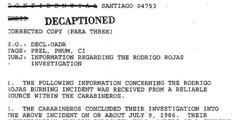 Documentos confidenciais sobre o caso de Rodrigo Rojas.