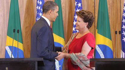 Obama e Dilma durante encontro em Bras&iacute;lia, em 2011. 