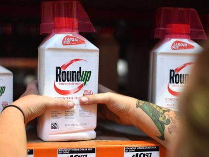 Um empregado coloca frasco do herbicida Roundup na prateleira de uma loja em San Rafael, na Califórnia
