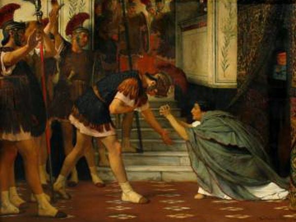 Cláudio implora ante os pretorianos para que decidam nomeá-lo imperador após o assassinato de Calígula, em uma pintura de Alma-Tadema de 1869