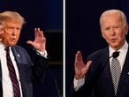 In this combination image of two photos showing both President Donald Trump, left, and former Vice President Joe Biden during the first presidential debate Tuesday, Sept. 29, 2020, at Case Western University and Cleveland Clinic, in Cleveland, Ohio. The first debate pitting Republican President Donald Trump against Democratic challenger Joe Biden was not a highlight of political oratory in the eyes of many overseas. Yet interest ran high for its potential impact on what may be the most consequential U.S. election in years, now just over a month away. (AP Photo/Patrick Semansky)