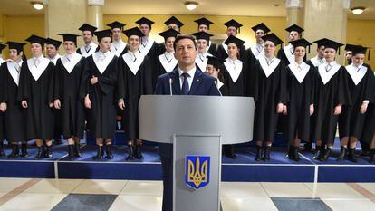 O ator e candidato presidencial ucraniano Volodymyr Zelenskiy em 6 de março, em Kiev