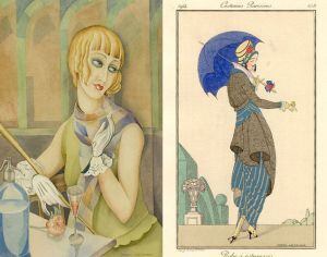 Retrato de Lili Elbe por Gerda Gewener e uma das ilustrações que a artista fez para publicações de moda da época.