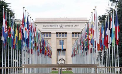 Fachada da sede da ONU em Genebra (Suíça), em 19 de junho de 2014.