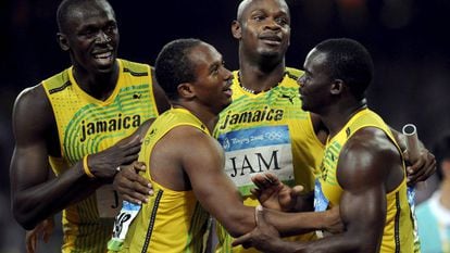 Os jamaicanos Usain Bolt, Michael Frater, Asafa Powell e Nesta Carter