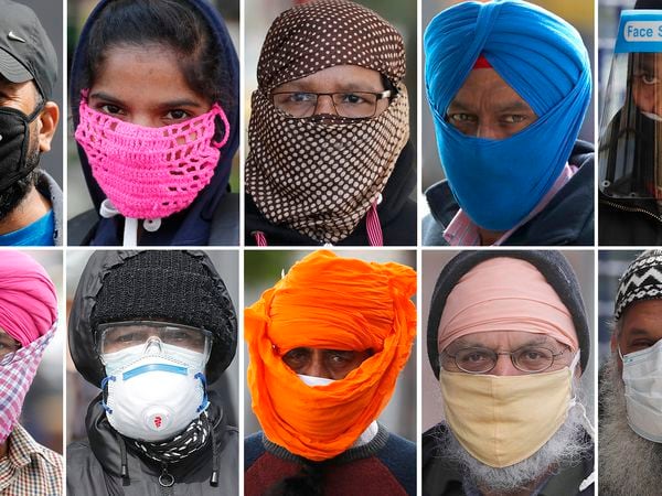 This combination photo shows pedestrians wearing different face protections against the coronavirus outbreak, all taken in the Southall area of London, Tuesday, May 5, 2020.  Face protections and masks have become compulsory in many parts of Europe where the COVID-19 lockdown is being relaxed, but the UK remains in lockdown and each person has discretion to wear the personal protection giving rise to many inventive variations. (AP Photo/Frank Augstein)