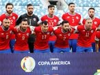 Chile's starting players pose for a photo prior a Copa America soccer match against Bolivia at Arena Pantanal stadium in Cuiaba, Brazil, Friday, June 18, 2021. (AP Photo/Andre Penner)
