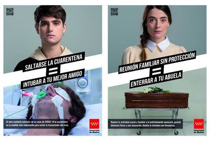 Dois dos cartazes da nova campanha de conscientização do Governo regional de Madri. Nos cartazes, "Pular a quarenta = intubar seu melhor amigo" e "Reunião familiar sem proteção = enterrar sua avó".