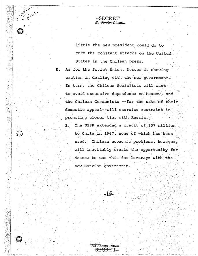 Última página do segundo documento desclassificado do Conselho de Segurança Nacional dos EUA que descreve a relação entre o Governo de Allende e a União Soviética.