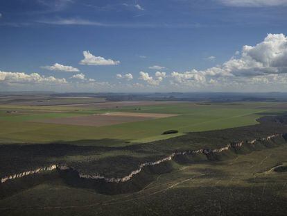 Imagem de zona desmatada para cultivo no Cerrado do Brasil ao lado de espaço de conservação em maio.