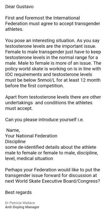 Confederação Internacional de Skate ao e-mail enviado por Gustavo, justificando a restrição a competidores trans