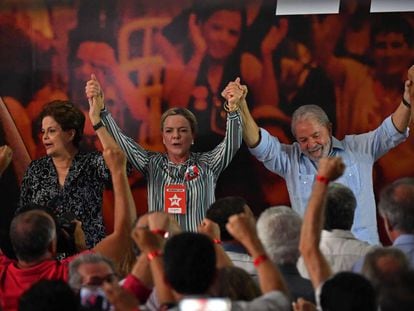 Dilma Rousseff, Gleisi Hoffmann e Lula em evento na CUT.