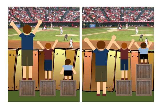 À esquerda, a igualdade; à direita, a equidade. A ilustração, feita em meia hora com o Power Point, é de Craig Froehle, da Universidade de Cincinnati.