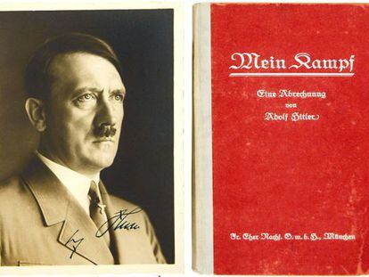 Capa e foto de Hitler em uma primeira edição de ‘Mein Kampf’.