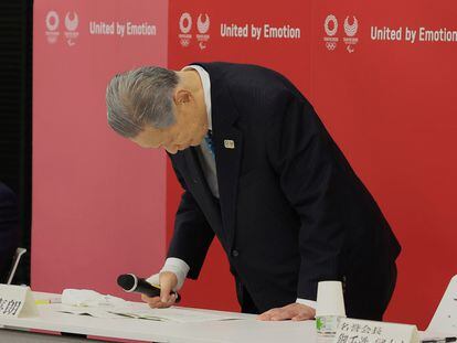 O presidente do Comitê Organizador dos Jogos Olímpicos de Tóquio 2020, Yoshiro Mori, ao anunciar sua renúncia em Tóquio.