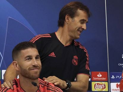 Julen Lopetegui e Sergio Ramos durante coletiva antes da partida entre Real e Roma.