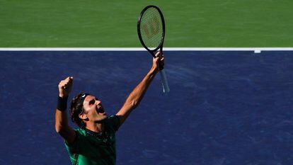 Federer celebra seu triunfo contra Wawrinka.