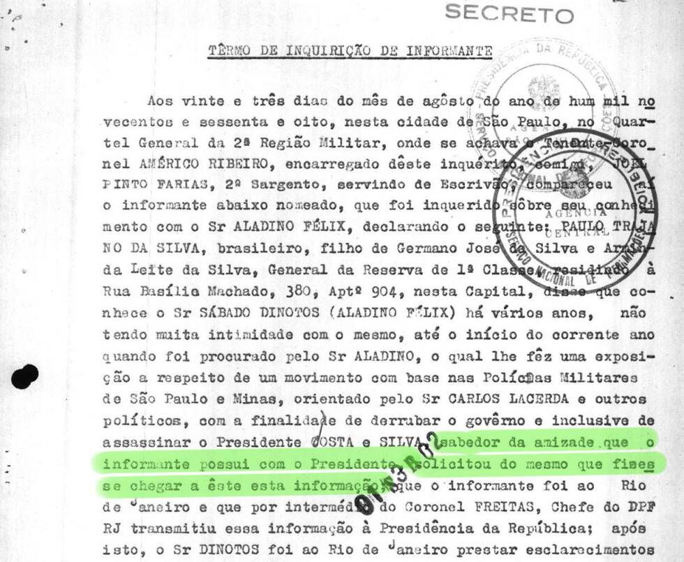 Trecho do depoimento do General Paulo Trajano da Silva sobre sua ligação com o então presidente Costa e Silva.
