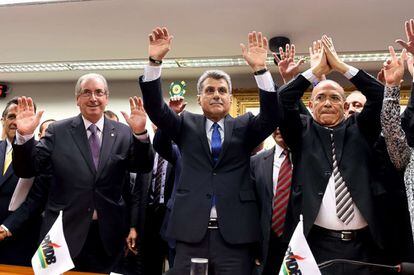 Eduardo Cunha, Romero Juca e Eliseu Padilha, na conven&ccedil;&atilde;o do PMDB.